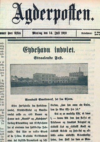 Utdrag fra Agderposten 14. juli 1913 med overskriften "Eydehavn innviet."