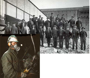 Bilde av arbeidere ved arendal smelteverk og mann i verneutstyr
