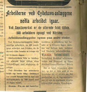 Avisutklipp fra Vestlandske tidende 2. mai 1918, med overskriften "Arbeidere ved Eydehavn-anlæggene nedla arbeidet i gaar"